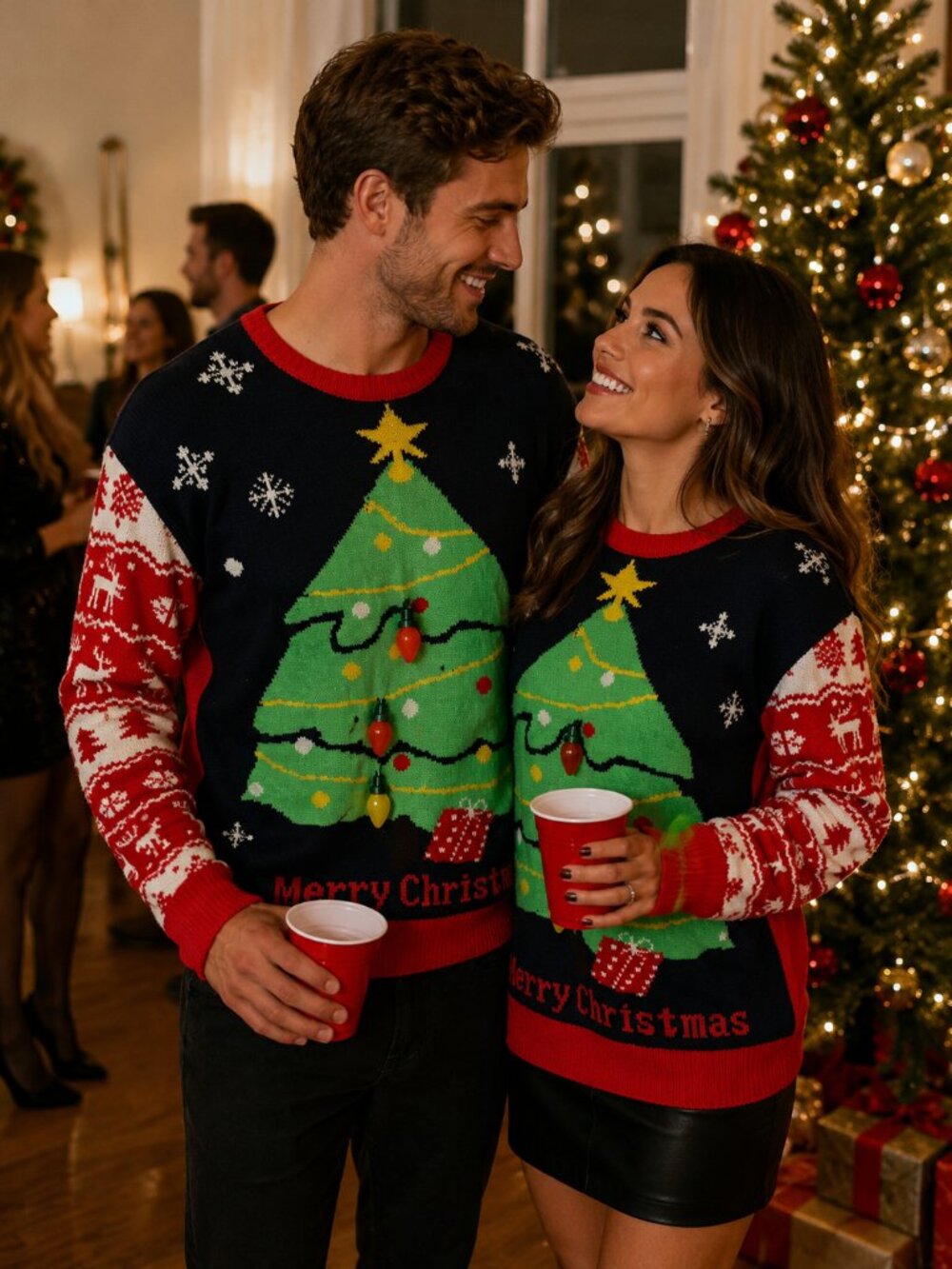 Ugly Christmas Sweater Tree and Lightbulbs - Size XL